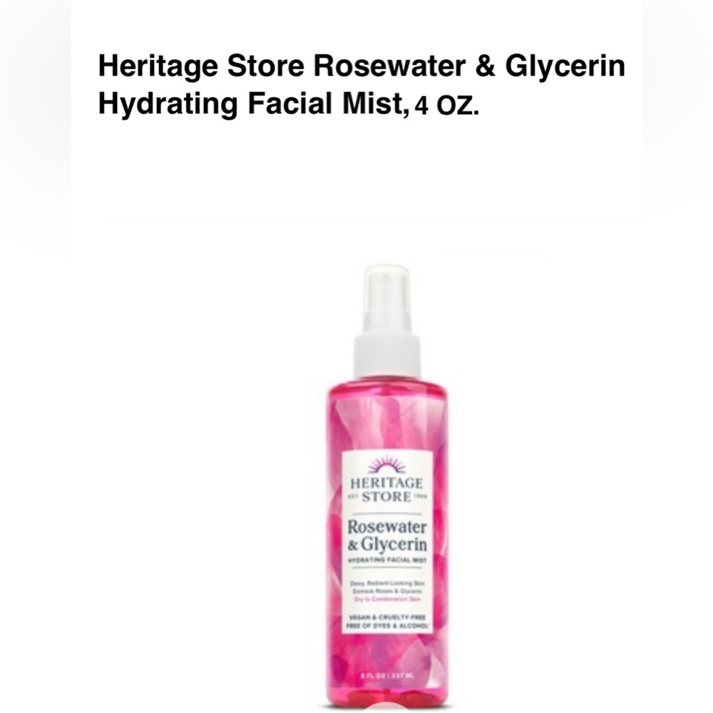 Heritage Store Rosewater & Glycerin Hydrating Facial Mist, 4 OZ Dry to Combo NWT